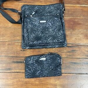 Baggalini Black Floral Crossbody Bag and Pouch Set